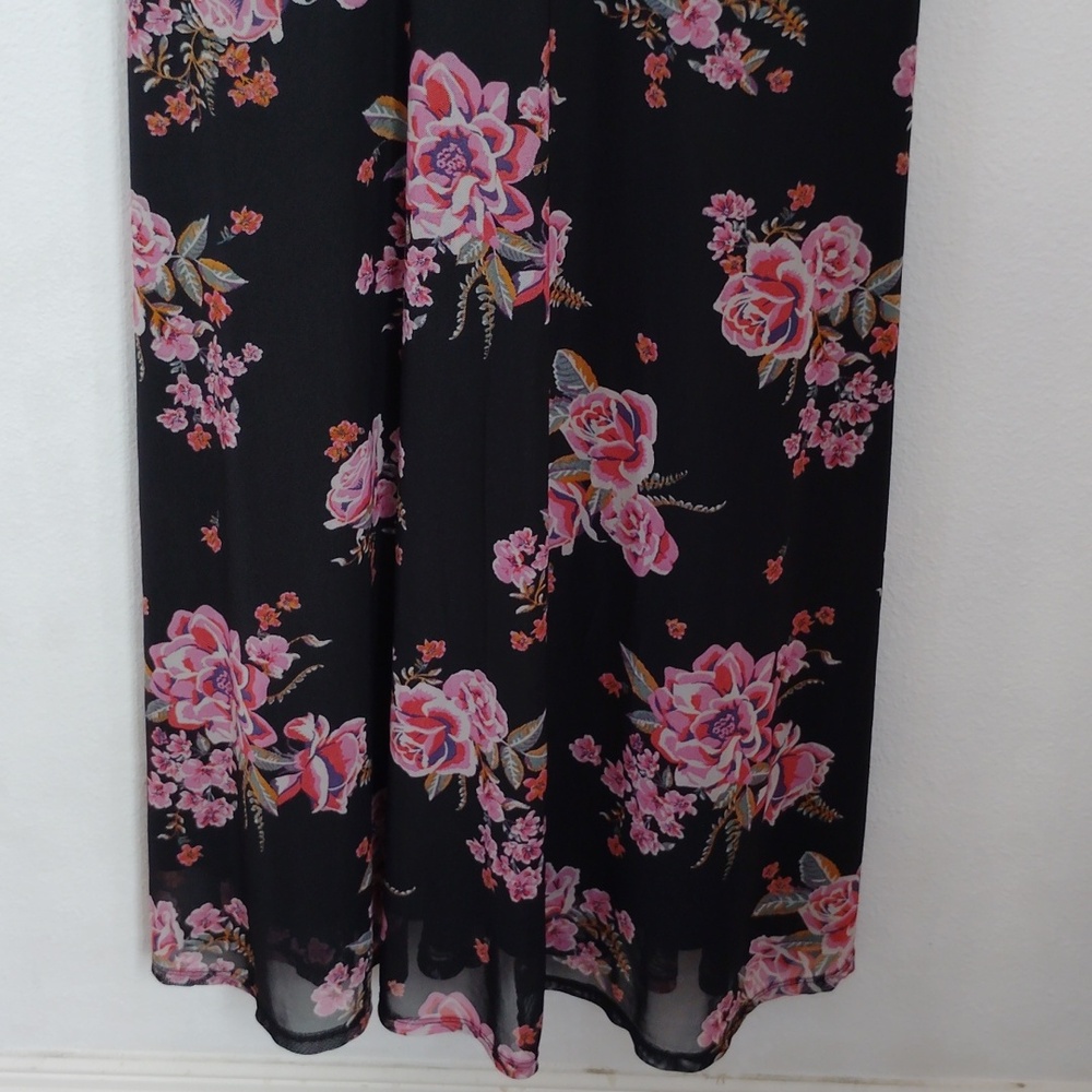 Harlow & Rose Women's 3/4 Sleeve Faux Wrap Dark Floral Mesh Maxi Dress Sz PL - Picture 3 of 7